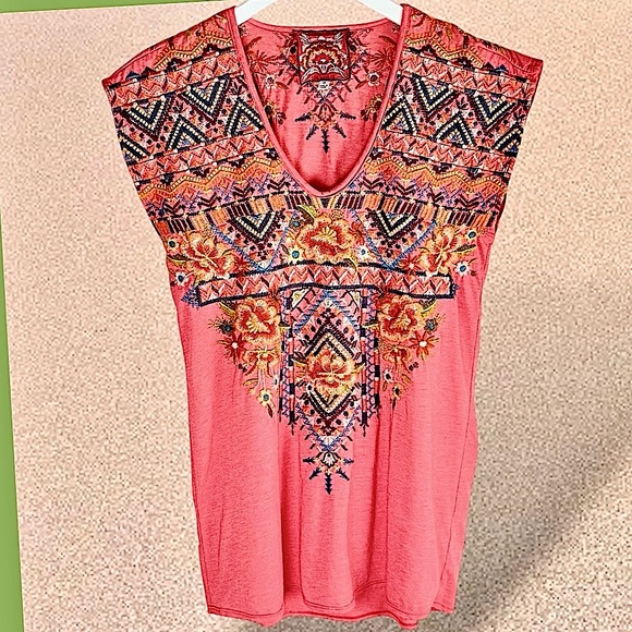 Johnny Was Tops - Johnny Was Sentrie Embroidered Pink V-neck T- Shirt cap sleeve tunic length
